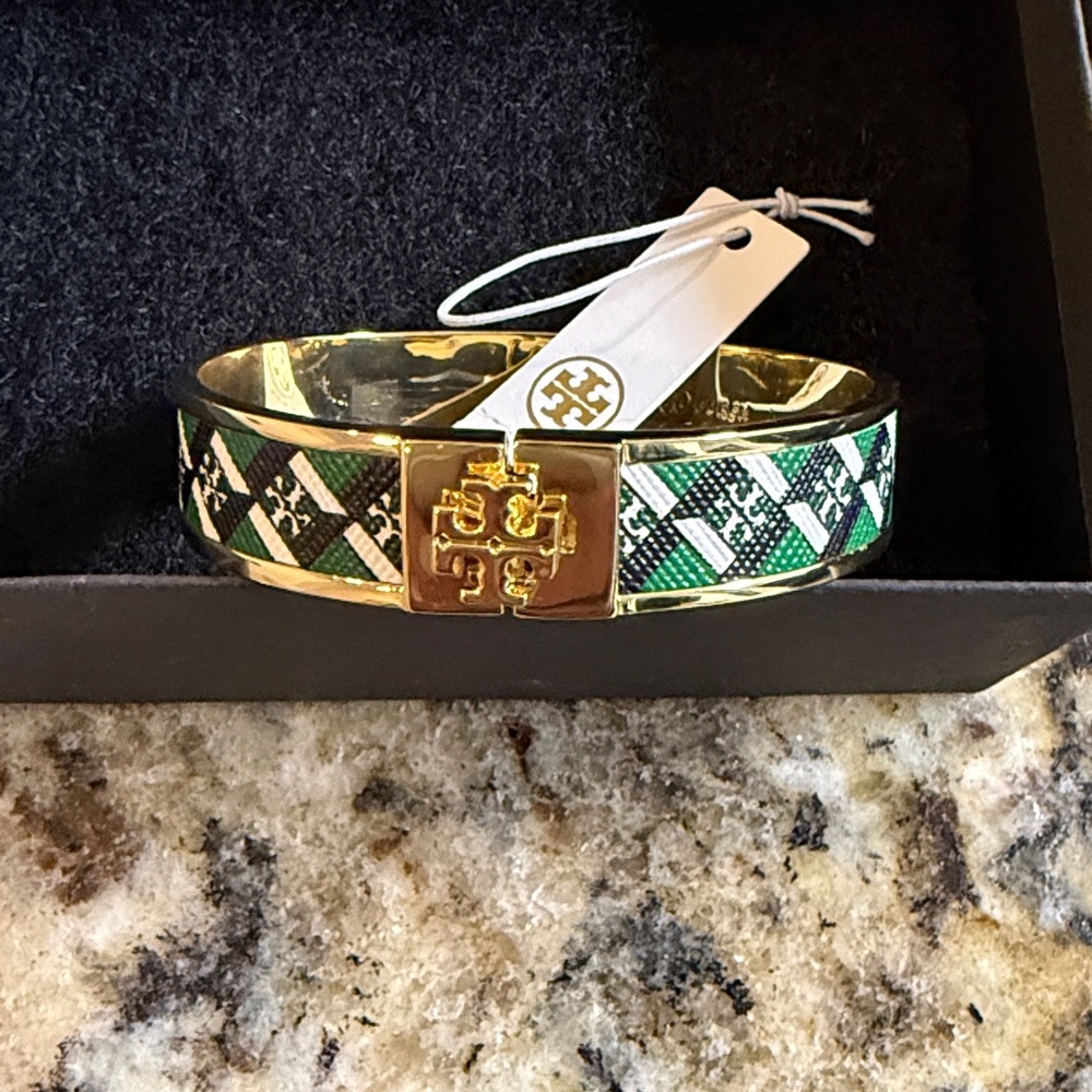 Tory Burch Gold and Green Geometric Bracelet